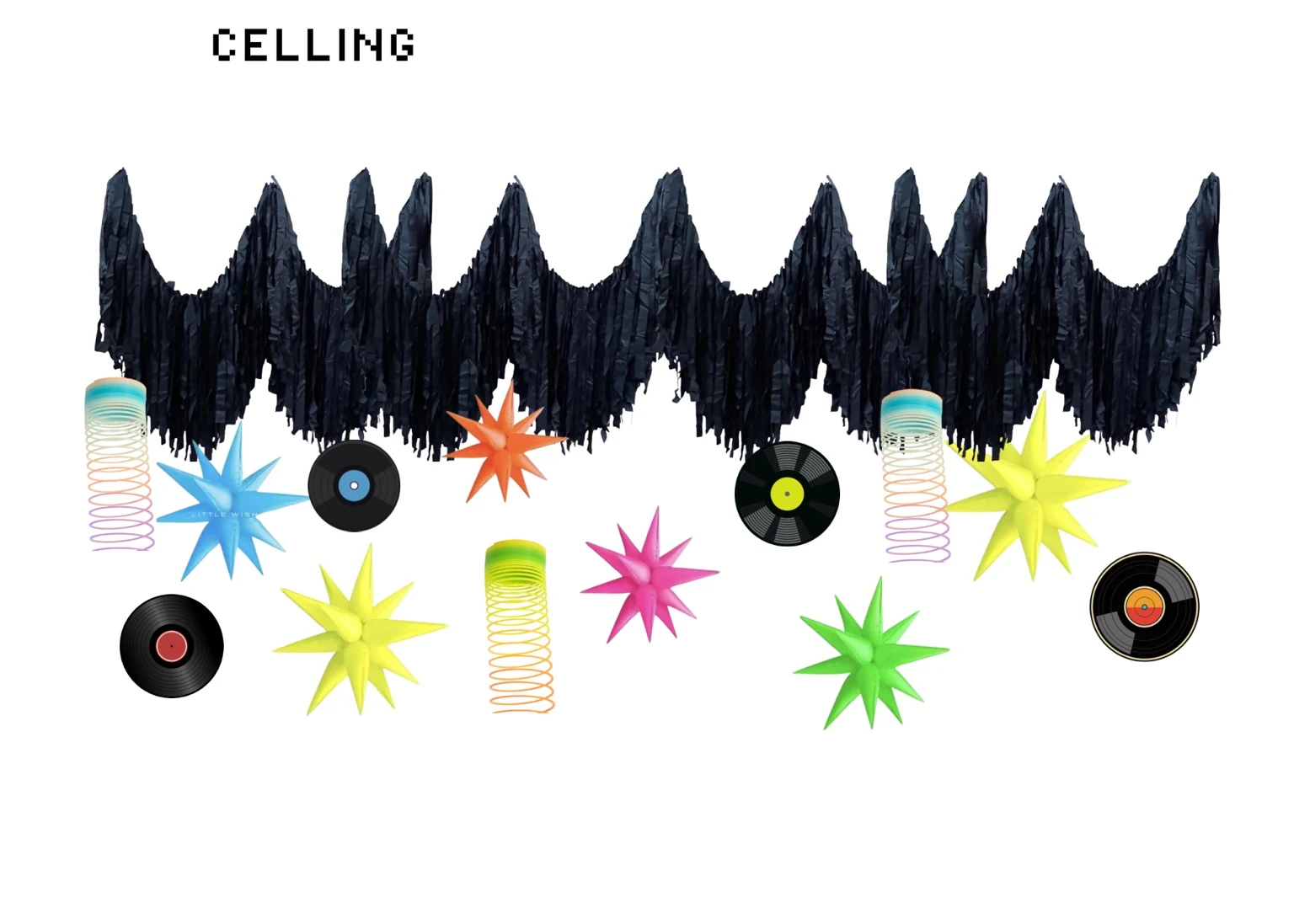 Ceiling mockup with black fringe, neon stars, records, and hanging coils