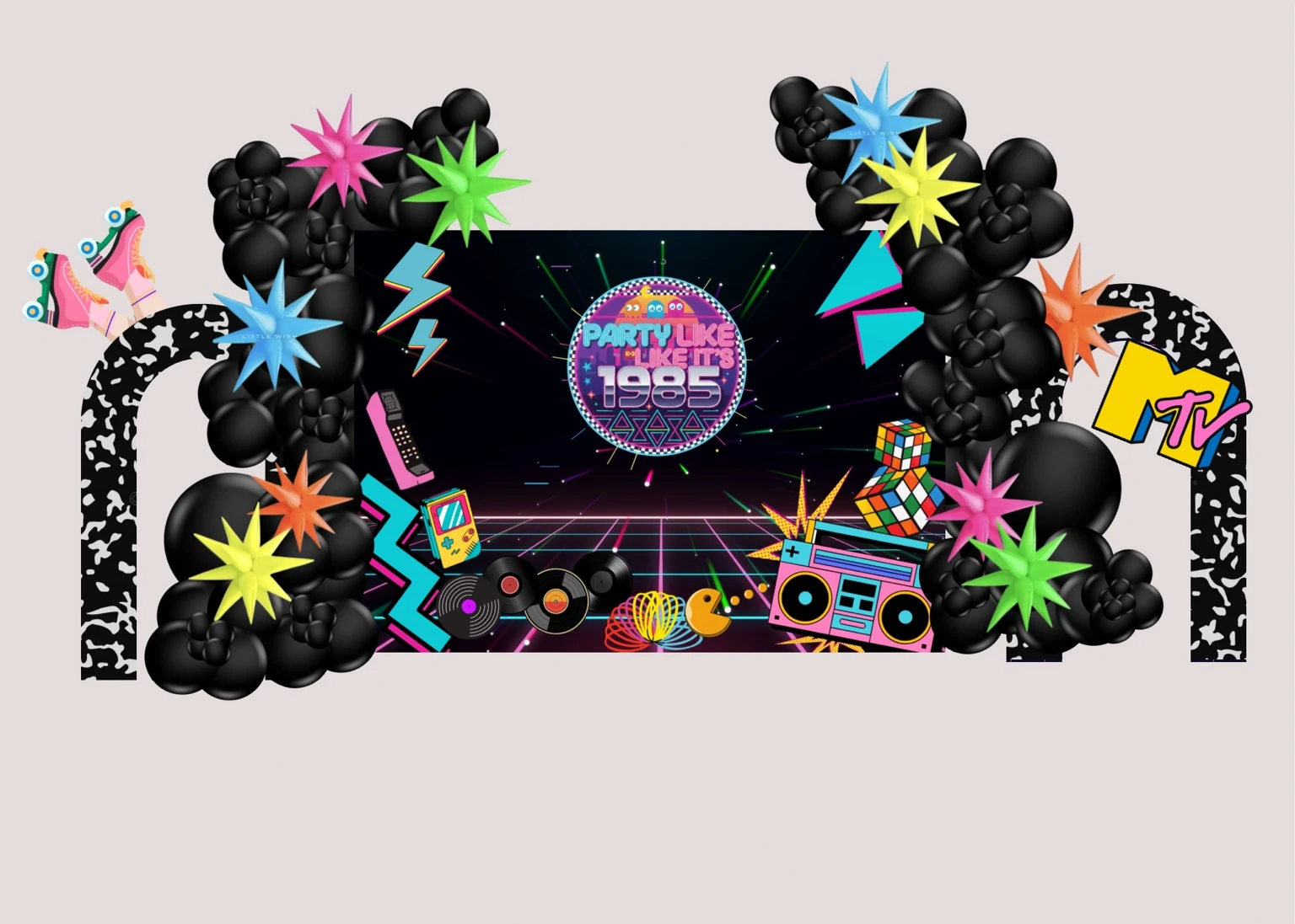 Mockup for the main Party Like It’s 1985 dance-floor backdrop