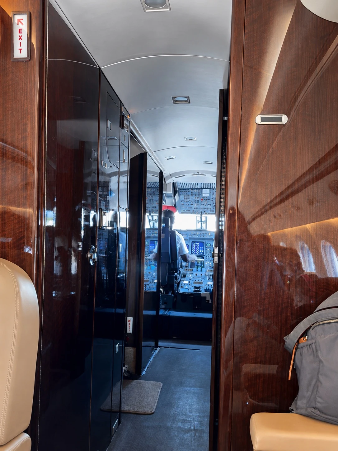 The corridor and cockpit of the private aircraft