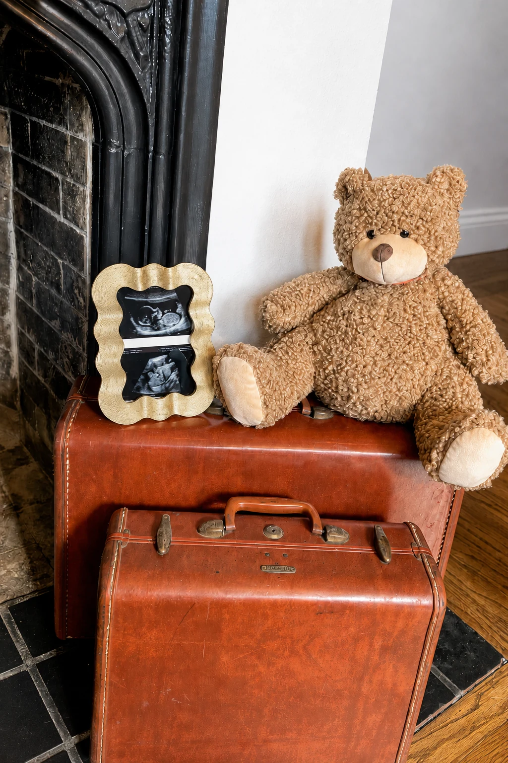 Teddy bear posed beside vintage suitcases at the fireplace