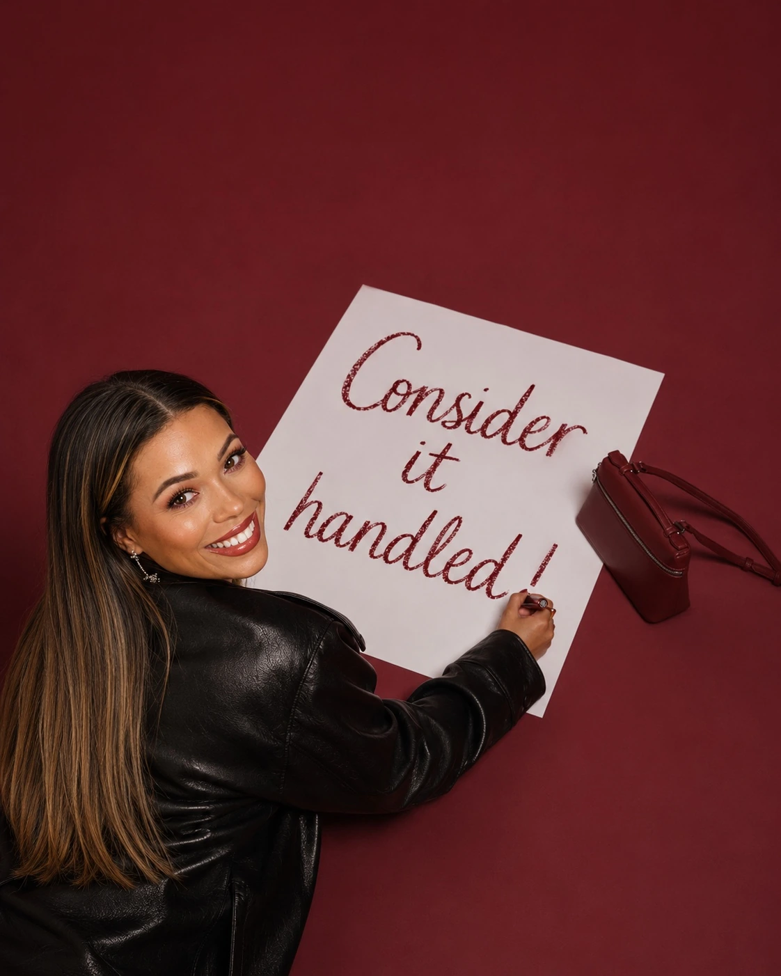 Jenica writing Consider it handled on a sign