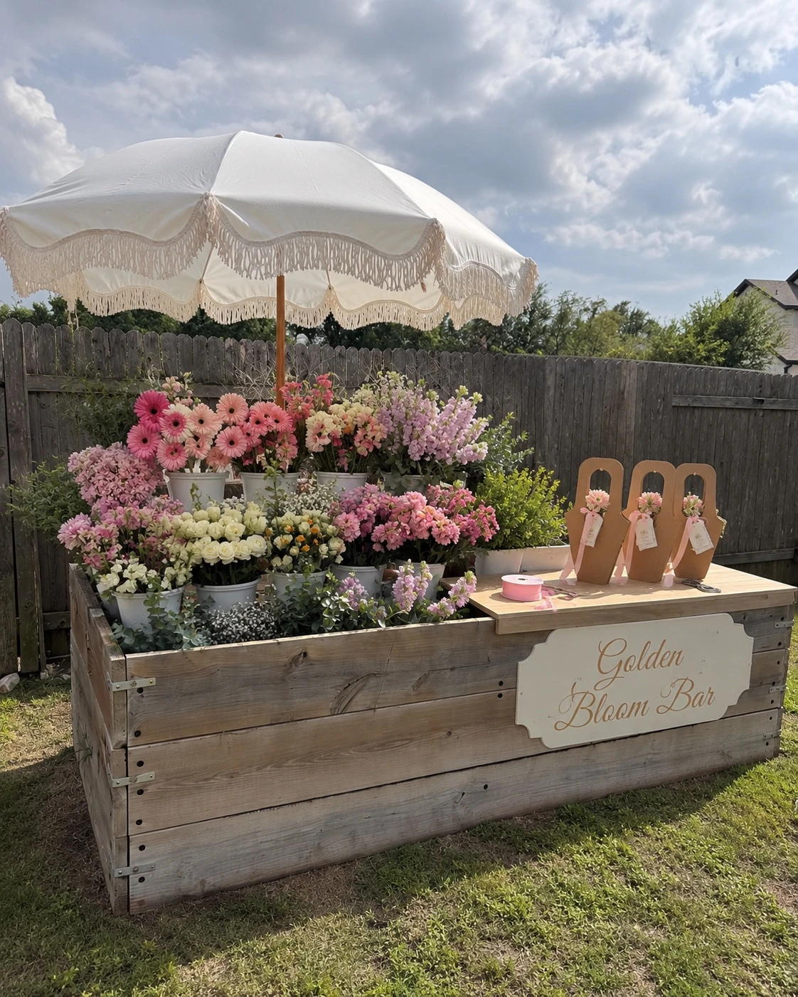 Golden Bloom Bar floral station with parasol