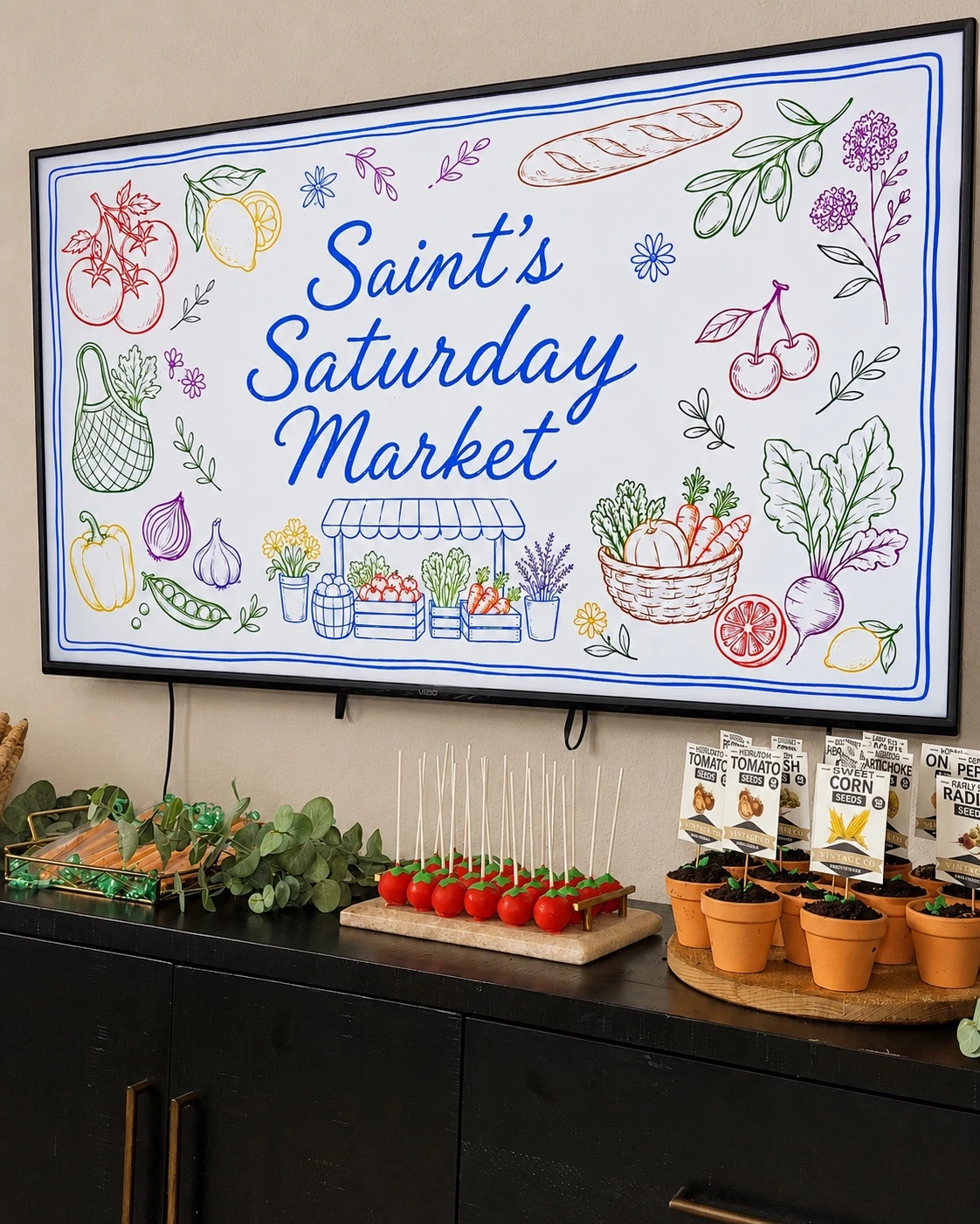 Saint’s Saturday Market sign and event website branding