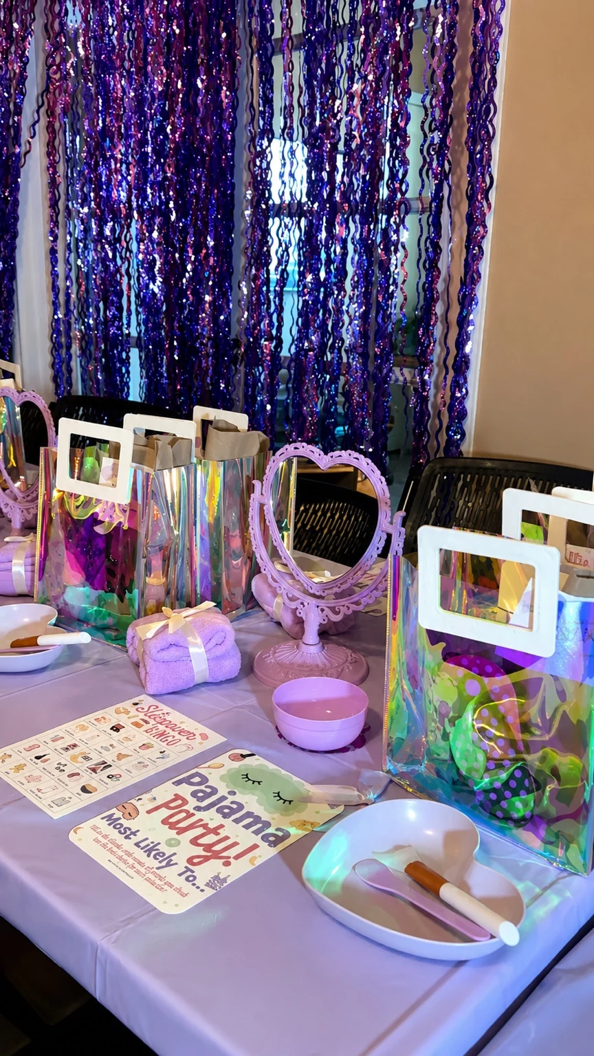 Close-up of mirrors, favor bags, and spa place settings on the purple table