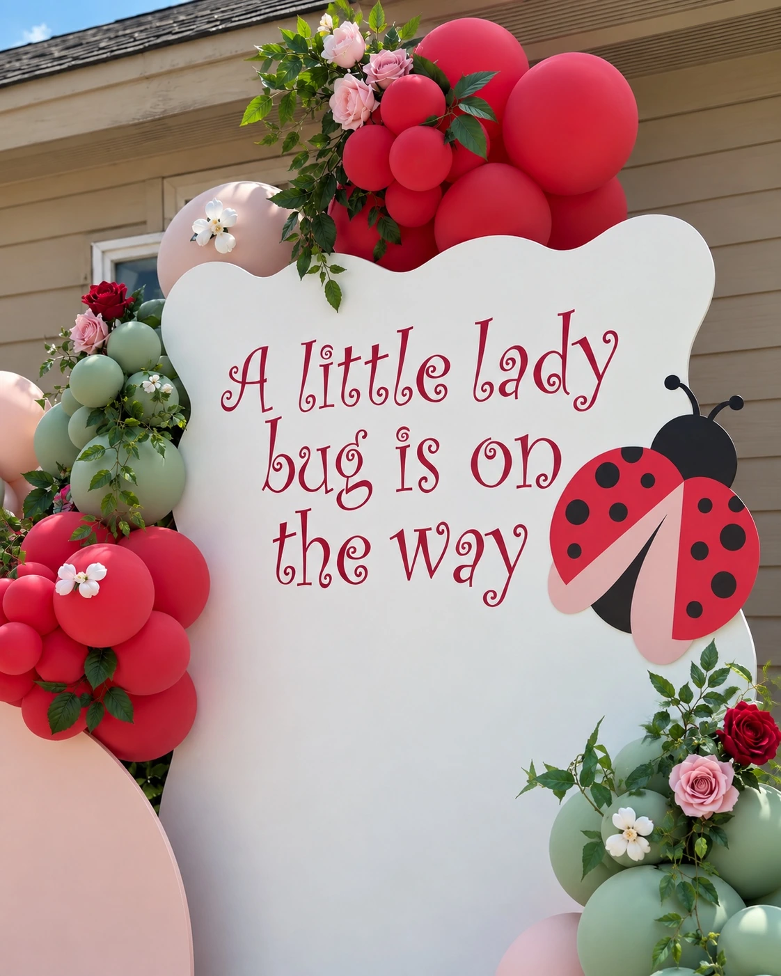 Close-up of the finished ladybug backdrop, florals and balloons