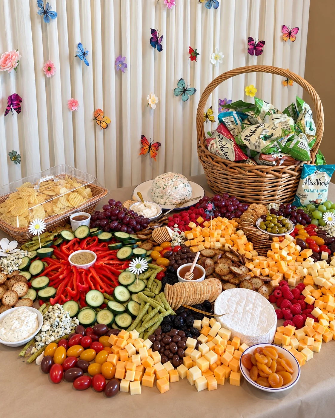 Full grazing table with cheeses, vegetables, fruit, crackers and flowers