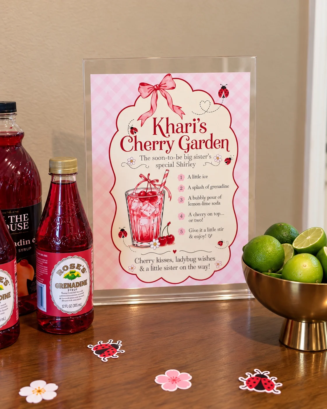 Khari's Cherry Garden Shirley Temple sign beside grenadine and limes