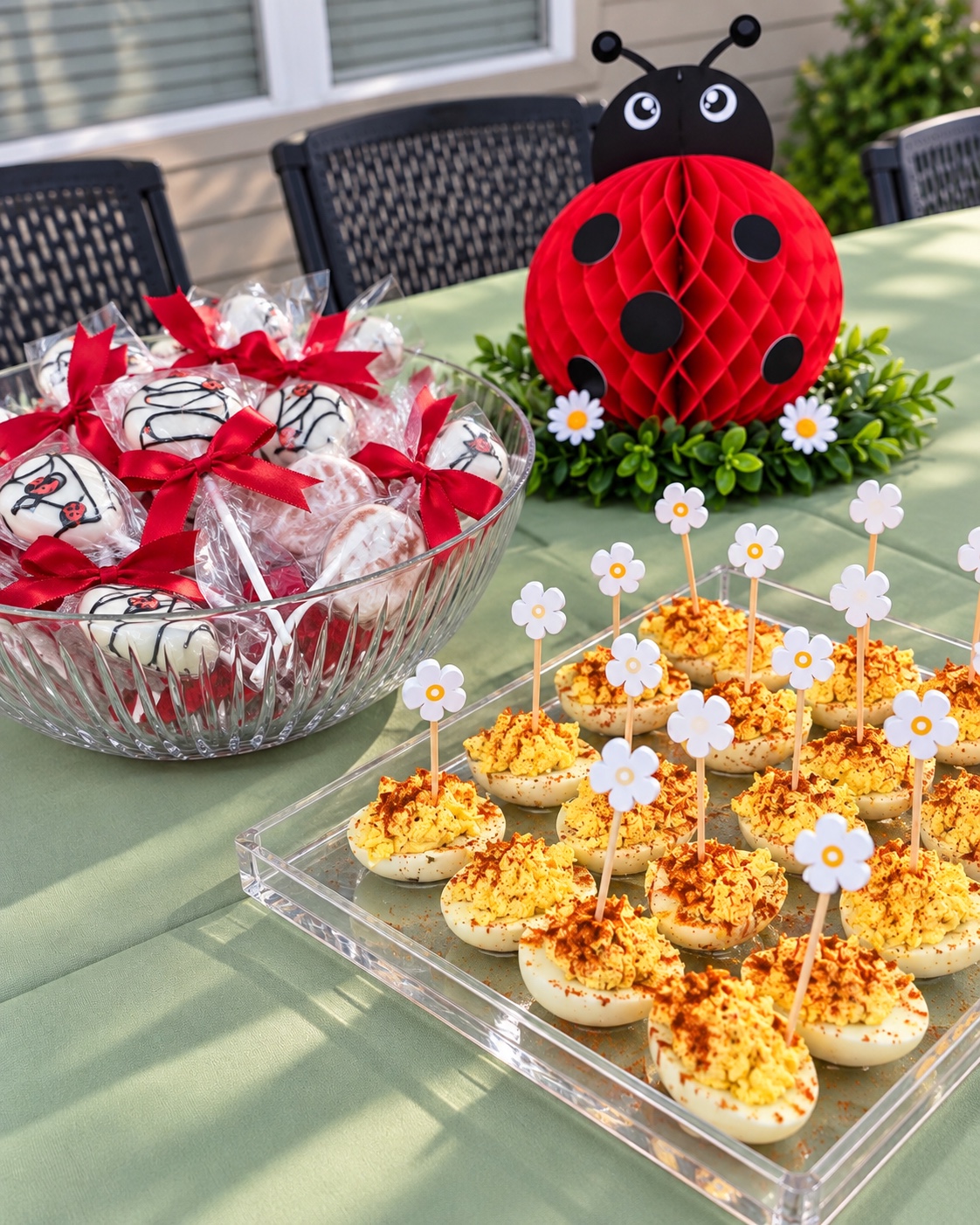 Treats and deviled eggs styled together on the outdoor table