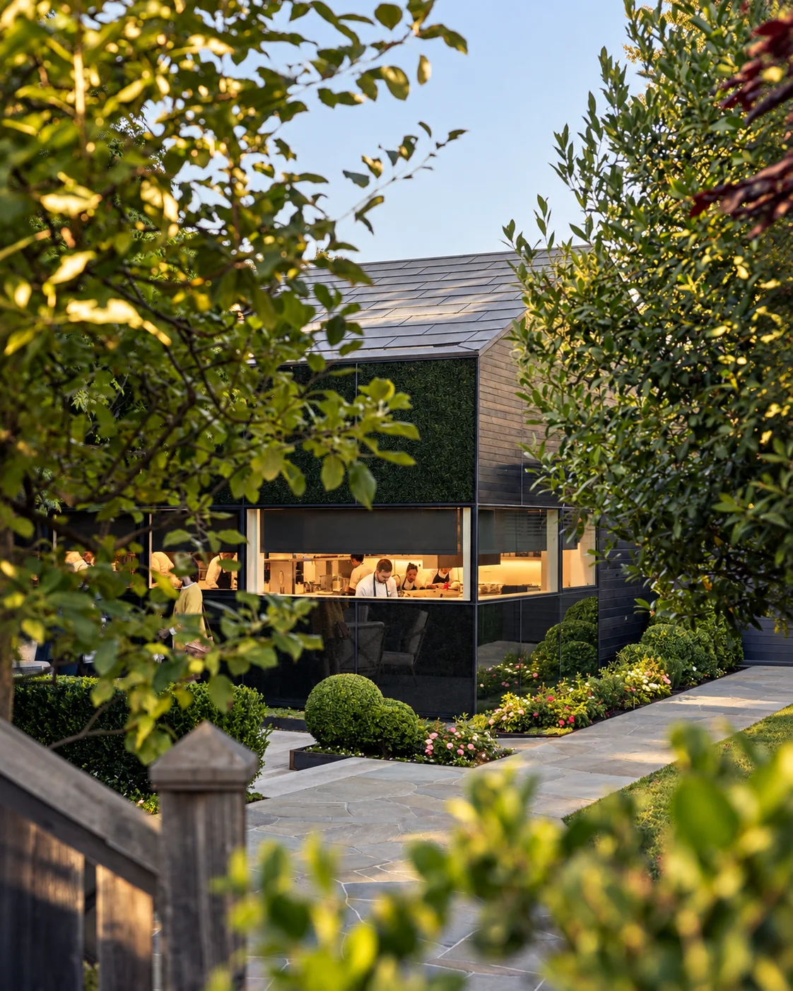 The modern kitchen viewed through the surrounding garden