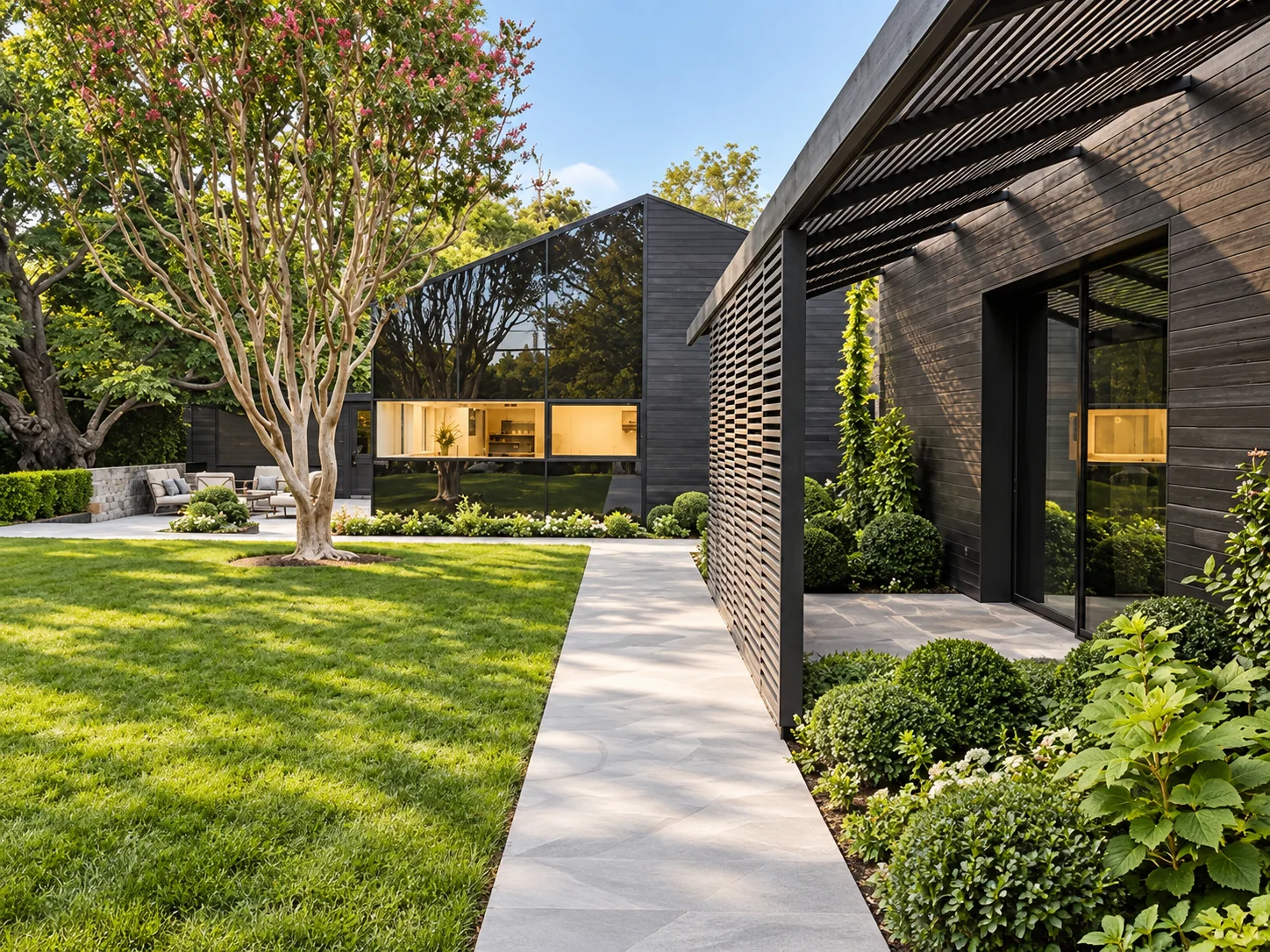 Walkway between the landscaped courtyard and modern kitchen buildings