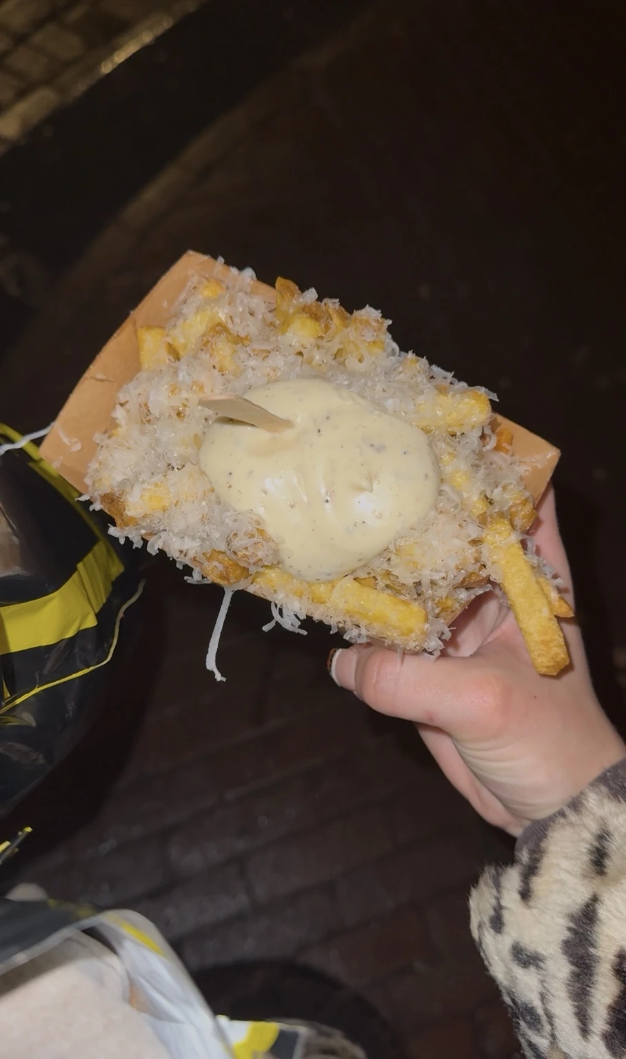Fabel Friet fries topped with grated cheese and sauce in Amsterdam