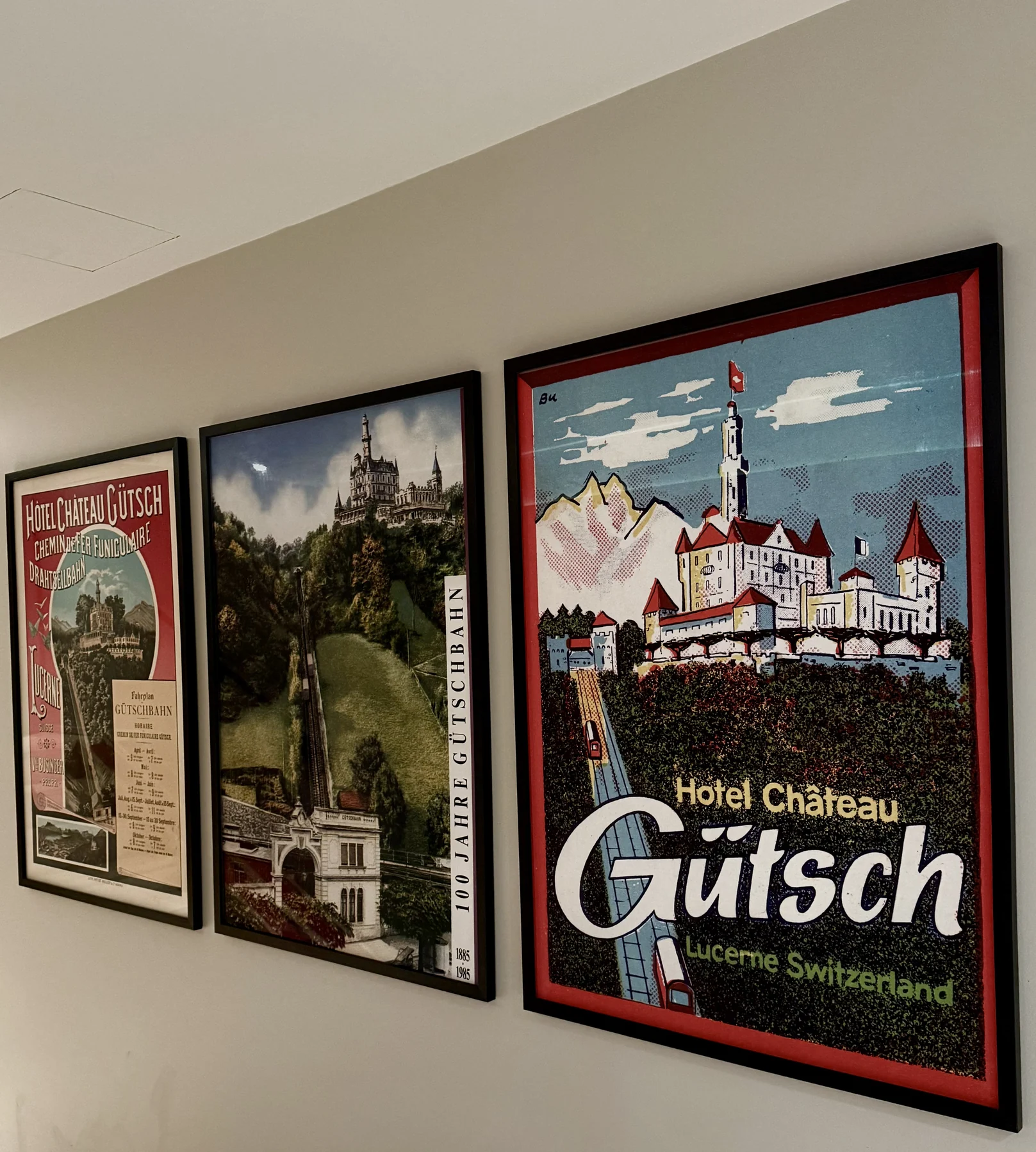 Artwork and posters inside Hotel Château Gütsch