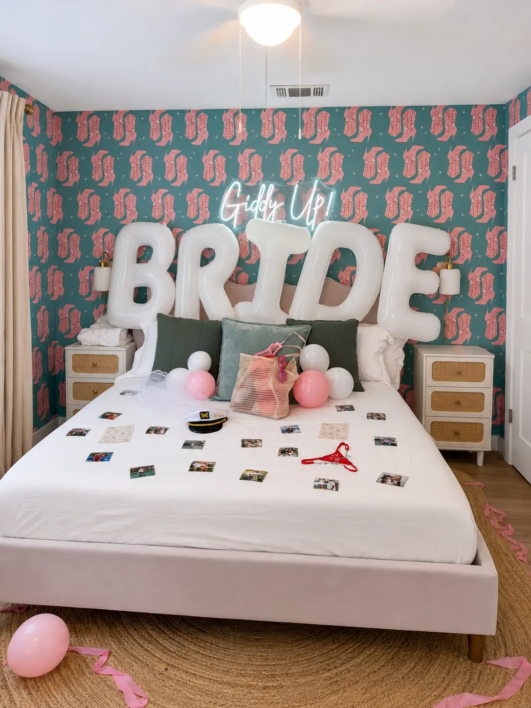 Bride bedroom arrival setup with balloons, personal photos, and custom details