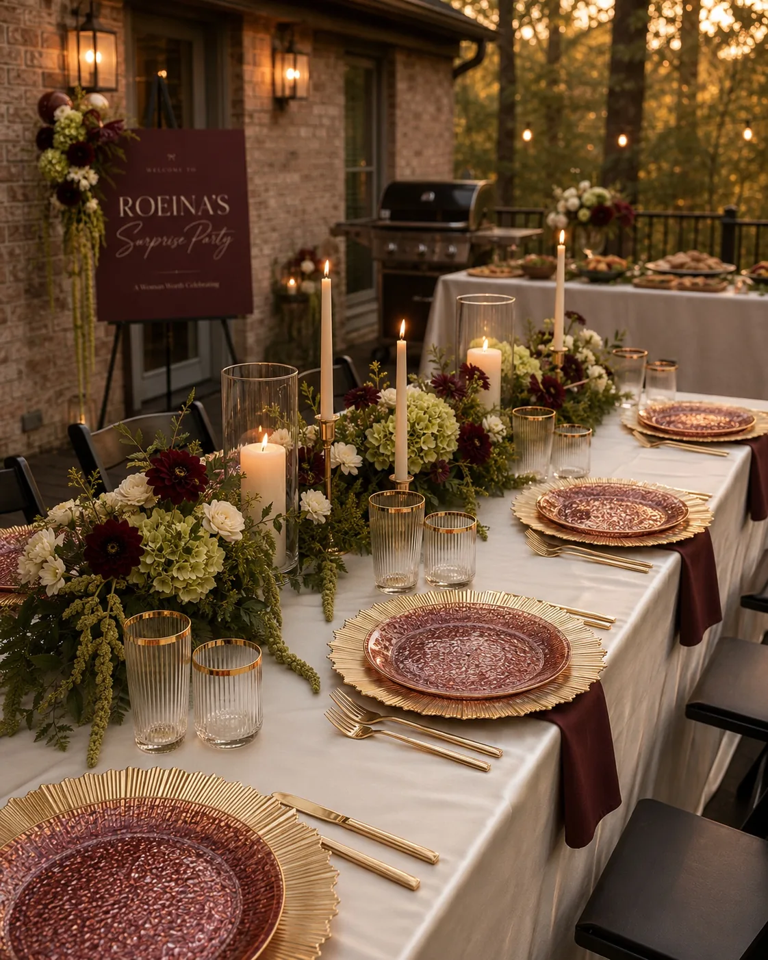 Burgundy and cream surprise party table setting